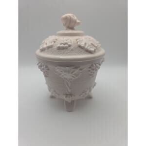 Jeannette Glass Pink Milk Glass Opaque Pink Four-Footed Grapes Leaves Candy Dish